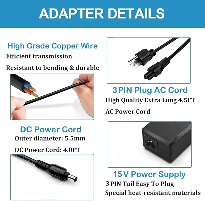 15V Power Cord Compatible with Neewer Photo Studio Ring Light NW-150480D2 Power - Image 5
