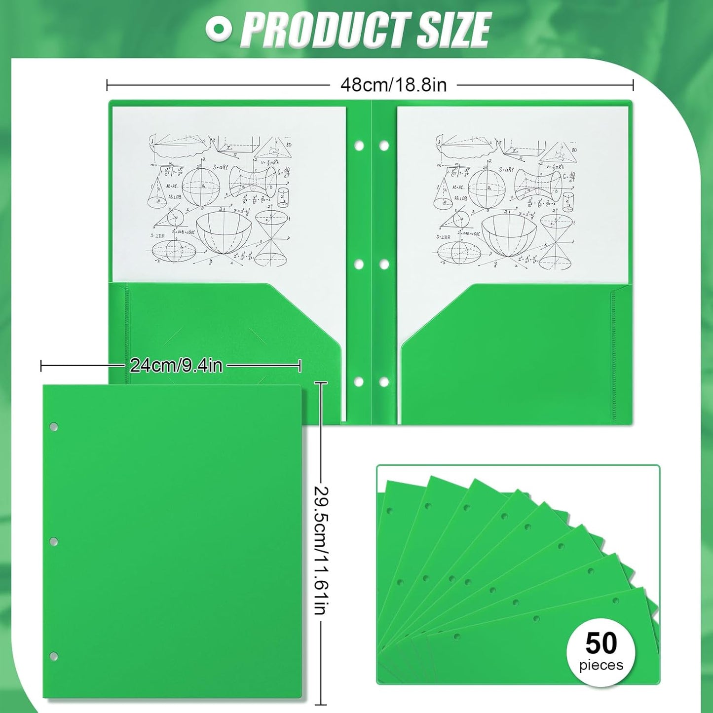 Yeaqee 50 Pcs Plastic Folders with Pockets Bulk 3 Hole Punched 2 Pocket File Folders for 3 Ring Binder Divider Folder for Notebooks, Durable Poly for Office Home (Green)