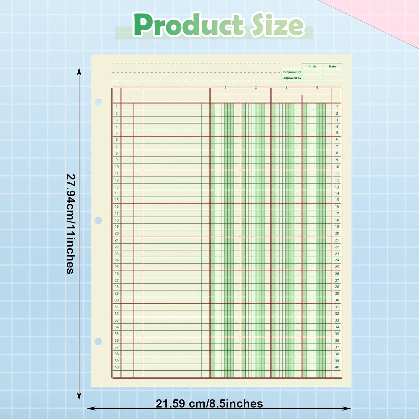 Fulmoon 5 Pack 250 Sheets Ledger Paper Accounting Columnar Pads 3 Hole Analysis Accounting Ledger Book for Business, 50 Sheets/Pack, Single Page Format, Green(8.5 x 11 Inch,4 Columnar)
