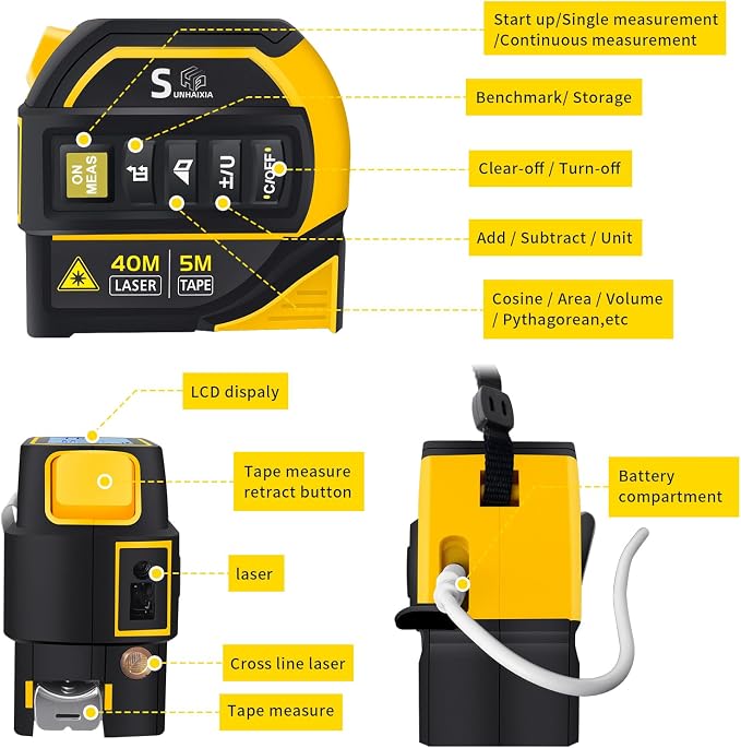 4-in-1 Laser Tape Measure with Laser Level Crosshairs |130ft/40m Laser - Image 2