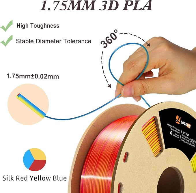 LOVOON 3D Tri-Colors PLA Printer Filament 1.75mm, Silk PLA Red Yellow Blue - Image 4