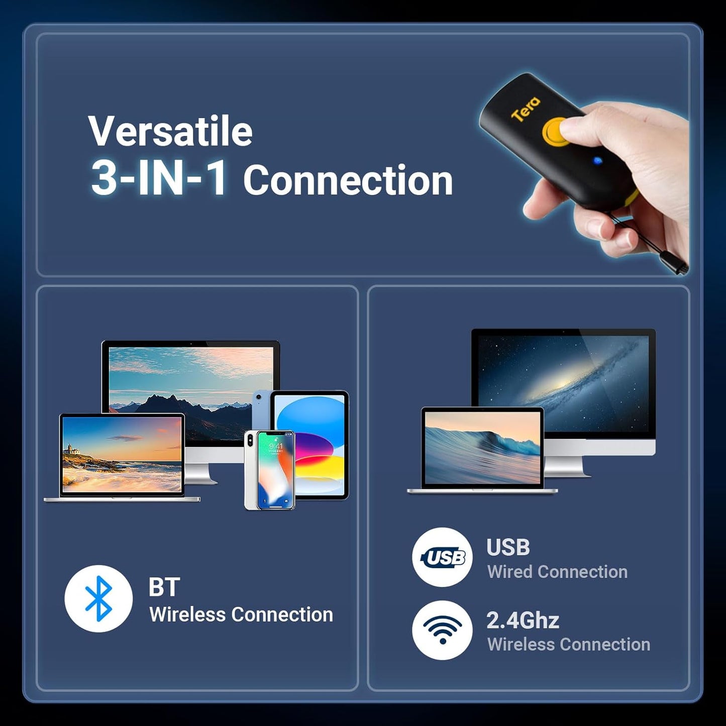 Tera Mini 1D Barcode Scanner: Pocket Waterproof Wireless Laser Scanner 3 in 1 Compatible with Bluetooth USB Wired Portable Bar Code Reader for Logistics Work with iOS Windows Android 1100L Yellow