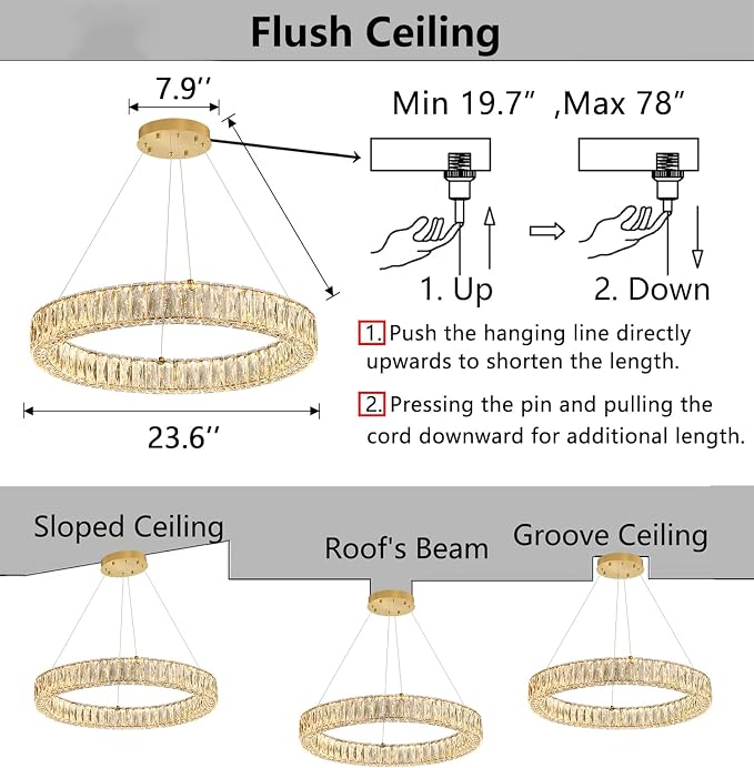 HAIXIANG Modern Crystal Chandelier Dimmable LED Ring Pendant Lights Adjustable - Image 2