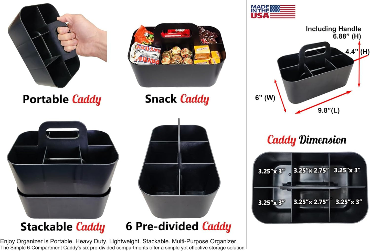 2 Pack Small 6 Compartment Multiuse Caddy Organizer with Handle Art Craft Supplies, Office, Desk, Stationery Pen Holder Stackable- Made In USA (Black)