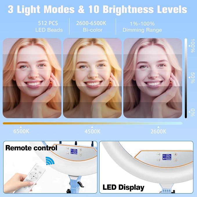 22" LED Ring Light, with 75" Tripod/LCD Display/3+1 Phone Clips/ 2 USB - Image 3
