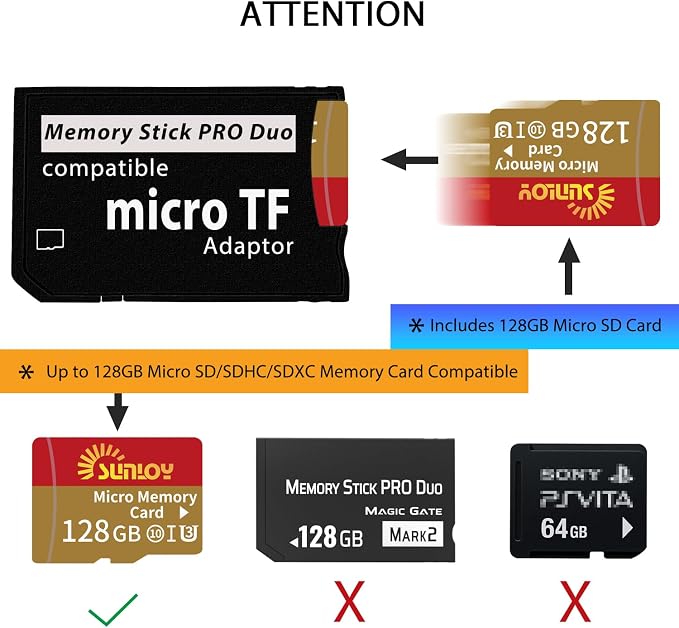 PSP Memory Stick Adapter with 128GB Micro SD Card, Micro SD/SDHC/SDXC to Memory - Image 7