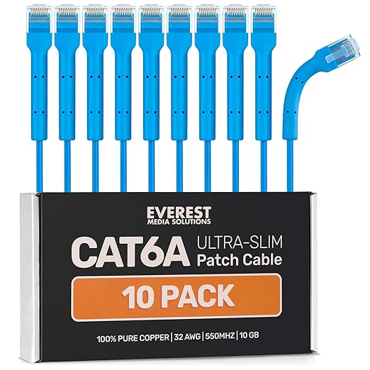 Everest Ultra Slim Cat6a Ethernet Patch Cables 10ft Blue by EverestMediaSolutions