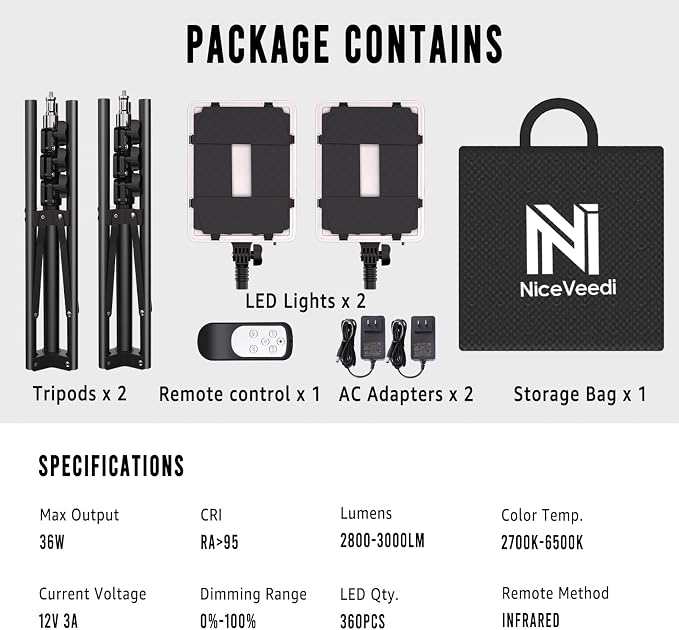 NiceVeedi 2-Pack Photography Lighting Kit, 36W Bi-Color Studio Lights - Image 7