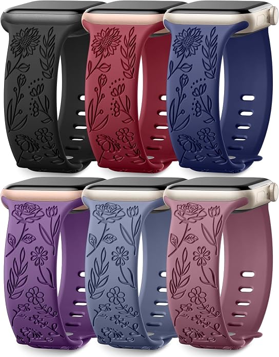 SNBLK 6 Pack Floral Engraved Bands Compatible by SNBLK