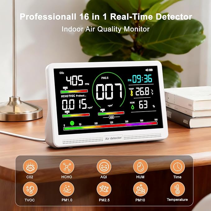 16 in 1 Air Quality Monitor Indoor 7" Display 9 AQI+7 AQI Alerts, Portable Air - Image 2