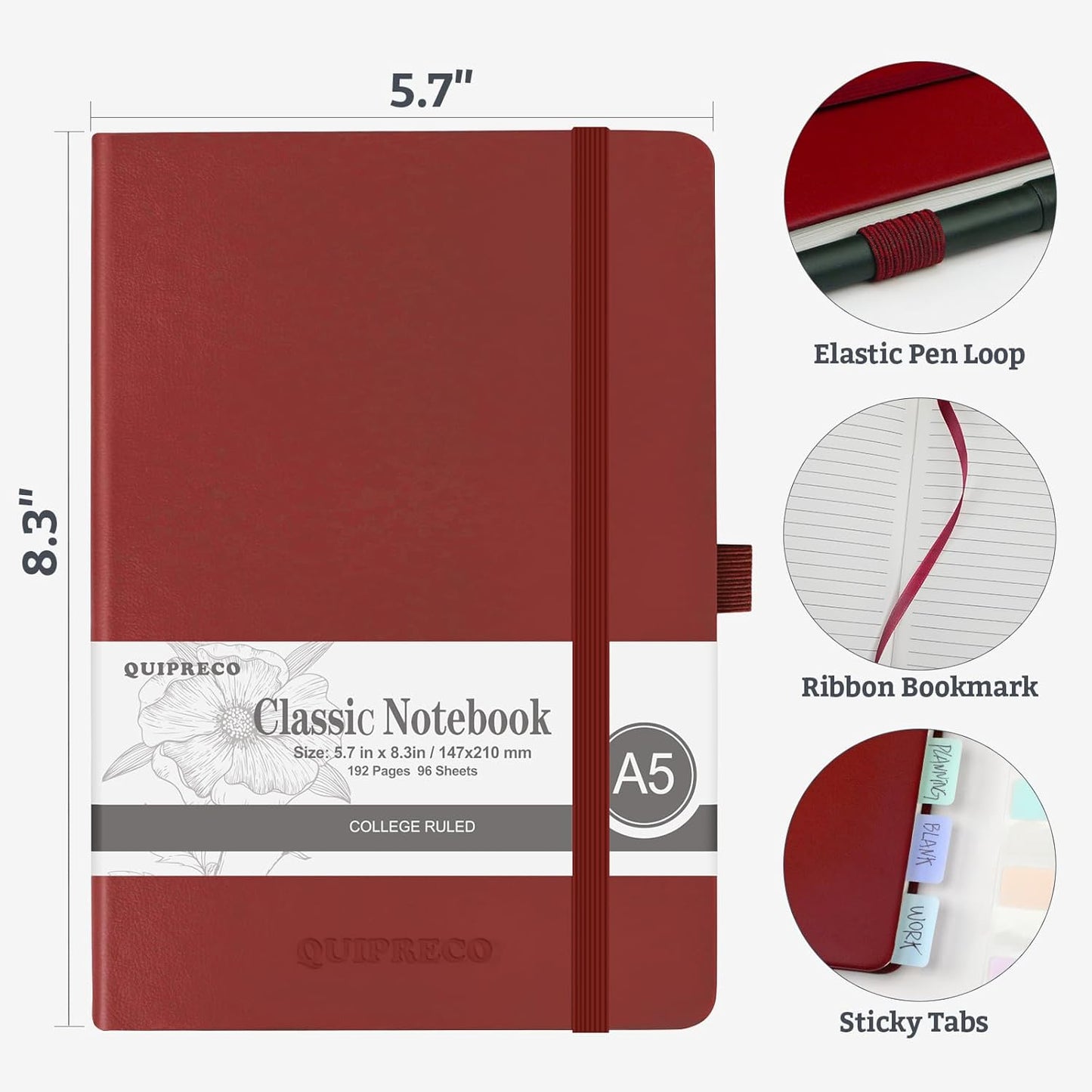 Hardcover Lined Bullet Dotted Journal Notebook, A5 140 192 Pages 100 120Gsm Paper College ruled for School,Work,Travel,and Daily Planning，5.7''*8.3'' (2, Burgundy, A5 Lined)