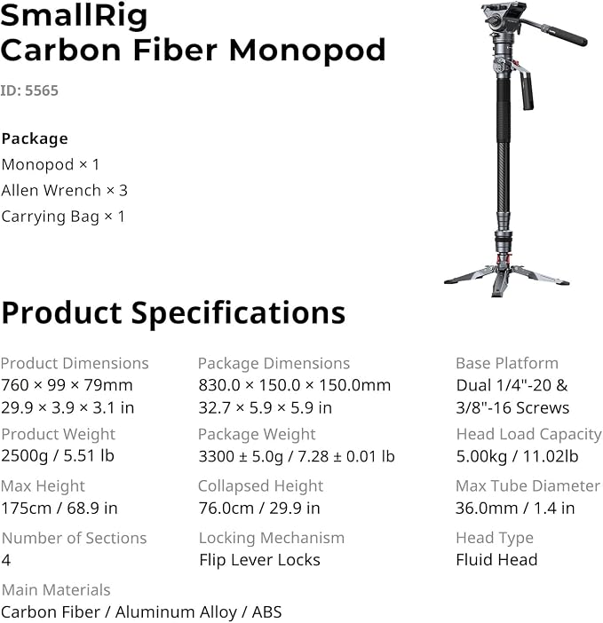 SmallRig 175cm / 68.9" Carbon Fiber Video Monopod - Image 9
