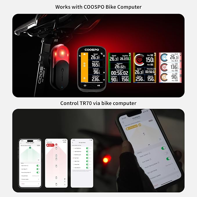 COOSPO TR70 Bike Radar Tail Light, Alerts - Image 4
