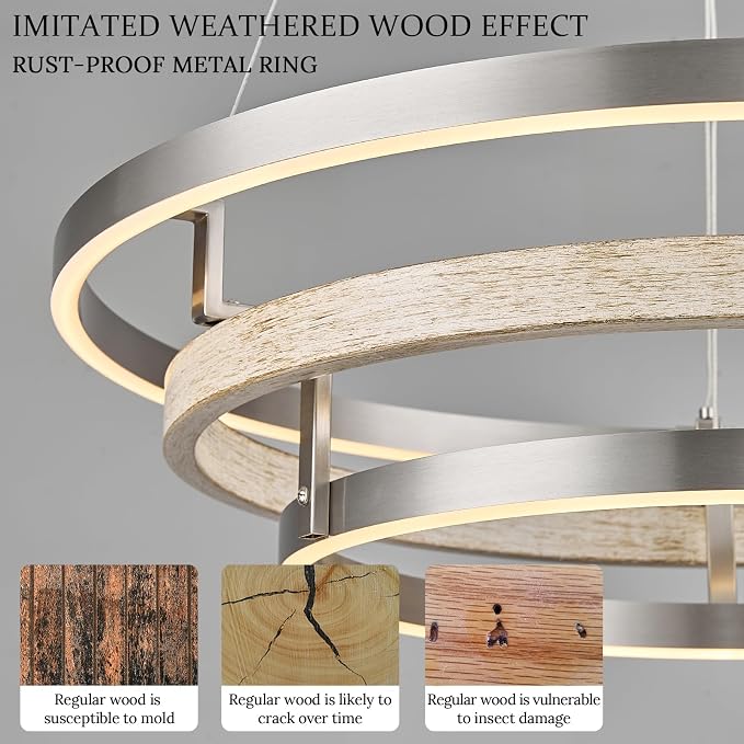 3 Ring LED Chandelier Nickel Round Chandelier Light Fixture Dimmable Foyer - Image 3