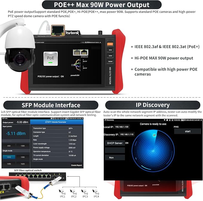 Rsrteng CCTV Tester 4K 12MP IP Camera Tester POE++ Max 90W POE Camera Test 8" - Image 4