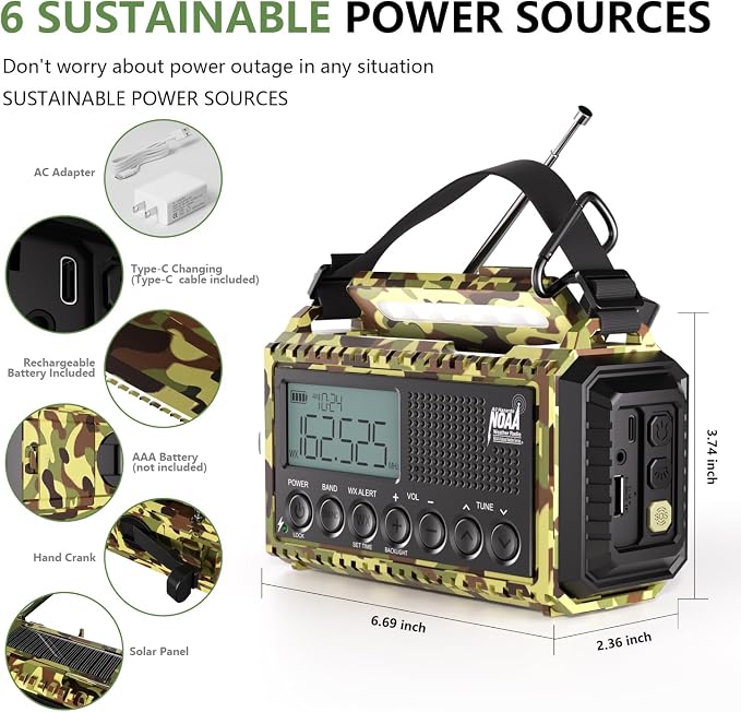 Emergency Weather Radio, 12000mAh/44400mWh Solar Hand Crank AUTO NOAA - Image 3