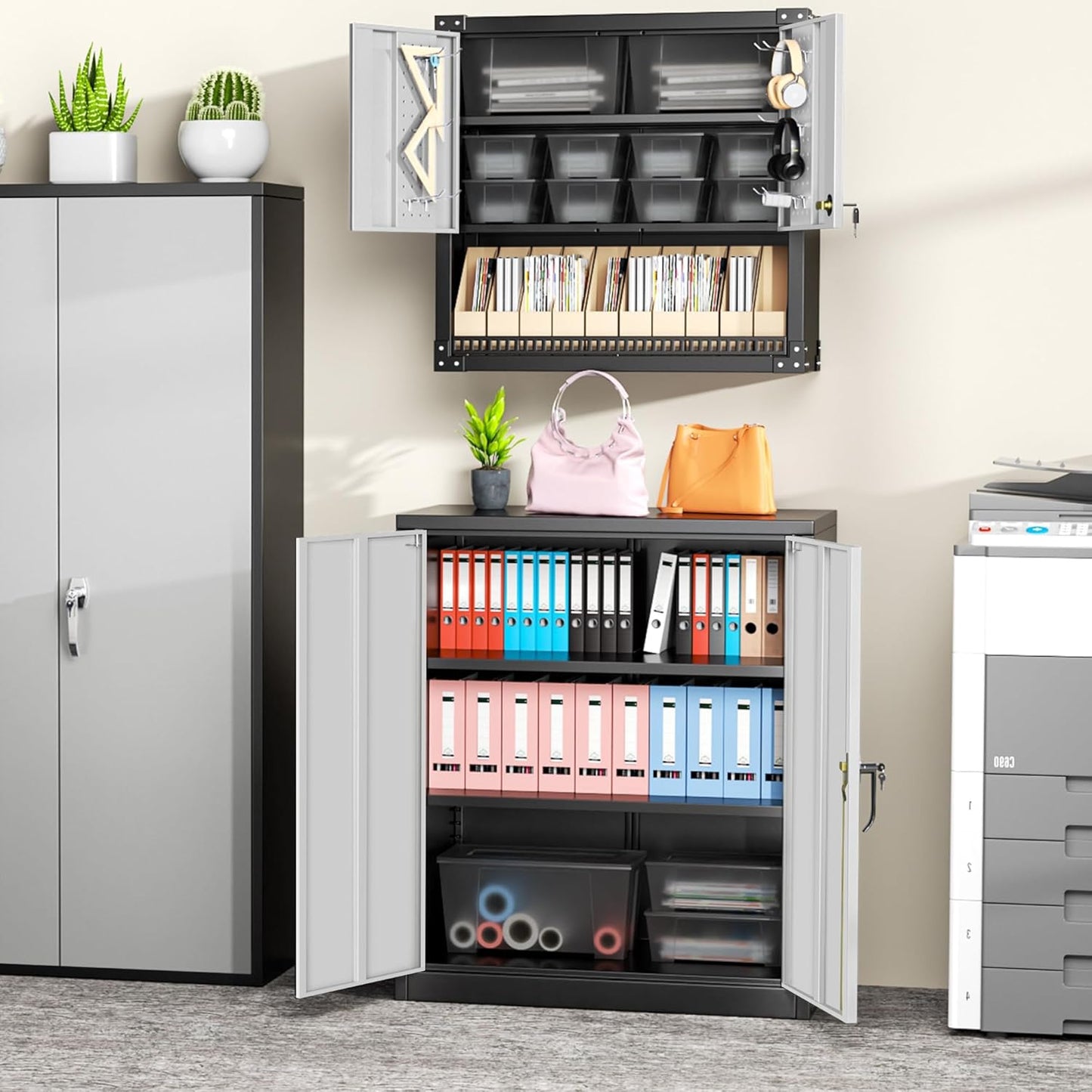 Greenvelly Metal Garage Storage Cabinet, Lockable Metal Cabinets with 2 Doors and Shelves,36” Steel Storage Locking Counter Cabinet for Office,Garage,Kitchen,Home,School(Black Grey)