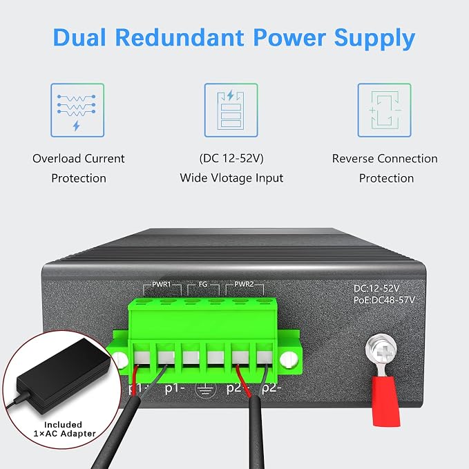 5-Port Industrial PoE Gigabit Din Rail Ethernet Switch, 4 x Gigabit PoE+ Ports - Image 4