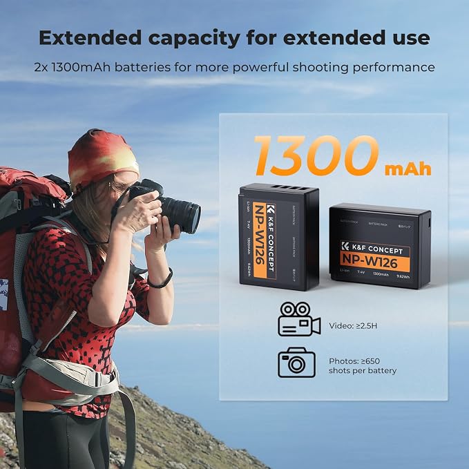 K&F Concept 1300mAh NP-W126 NP-W126S Battery and Charger - Image 2