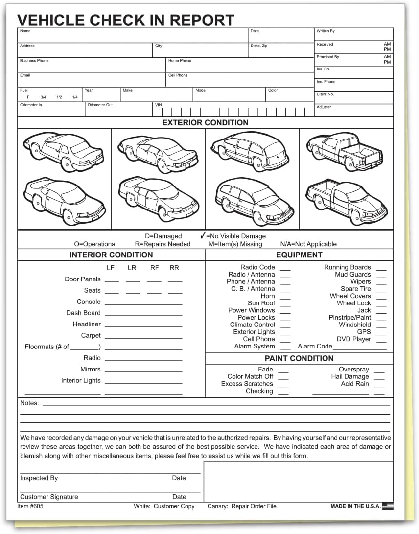 Vehicle Check-In Form Pad – 8.5" x 11" 2-Part Carbonless Auto Condition Report – White & Canary Copies – Service Intake Sheet for Car Dealerships, Repair Shops & Mechanics – Pack of 200