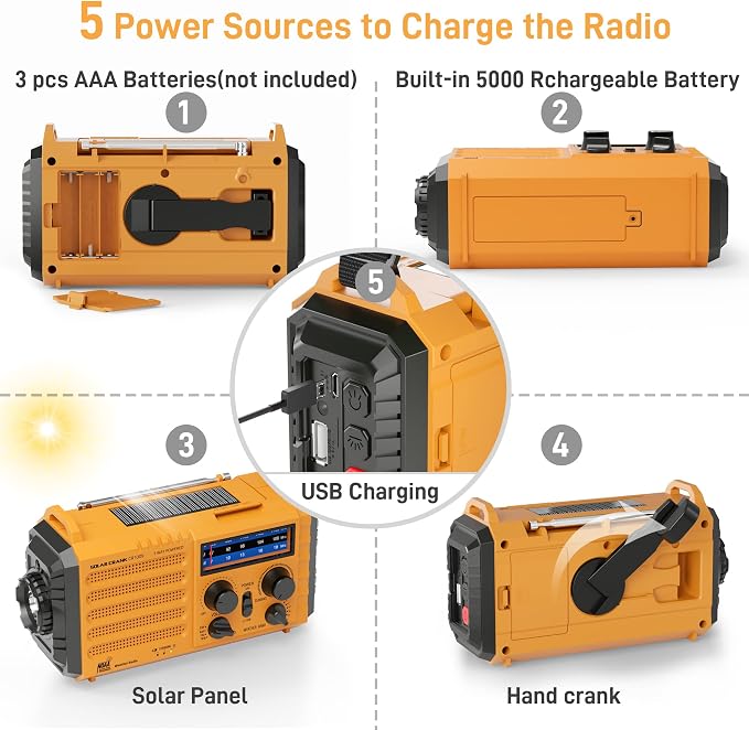 Eoxsmile Emergency Radio with NOAA Weather Alert, 5000mAh Solar Hand Crank - Image 3
