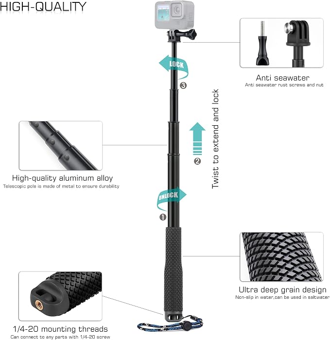 GEPULY Waterproof Selfie Stick for GoPro/DJI/Insta360/AKASO Action Cameras | - Image 3