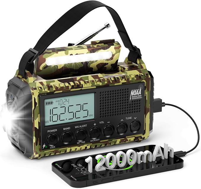 Emergency Weather Radio, 12000mAh/44400mWh Solar Hand Crank AUTO NOAA by PPLEE