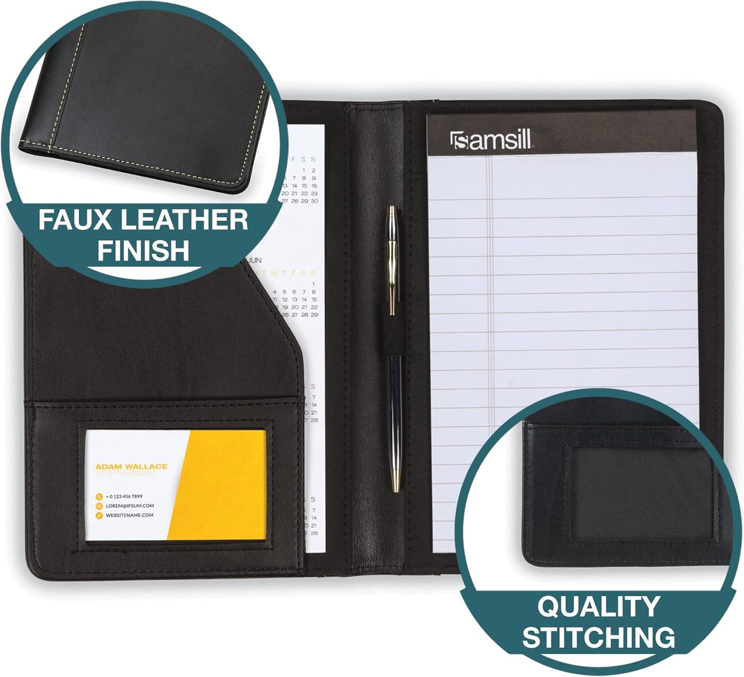 Samsill Contrast Stitch Faux-Leather Portfolio, Mini Size Business Interview Professional Padfolio, Includes 5 x 8 Inch Writing Pad, Black