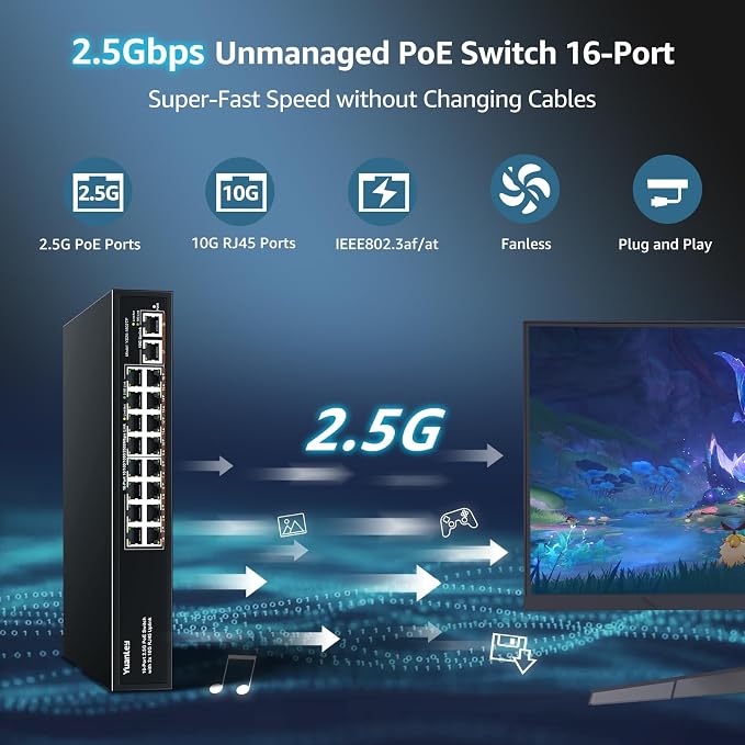 YuanLey 18 Port 2.5G PoE Switch Unmanaged, 16 x 2.5GbE PoE Ports, 2 x 10G RJ45 - Image 2