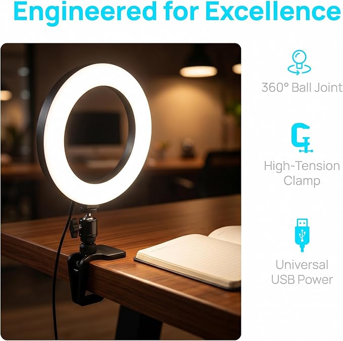 6" Ring Light with Desk Tripod Stand and Clip | Video Conference Lighting - Image 9