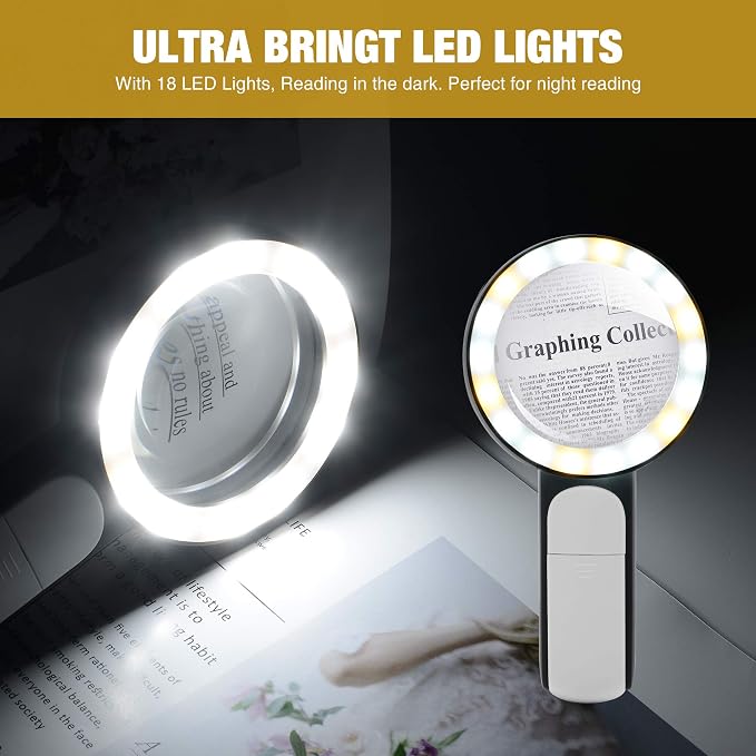 JMH Magnifying Glass with Light, Handheld Large Magnifying Glass 18LED Cold and - Image 7