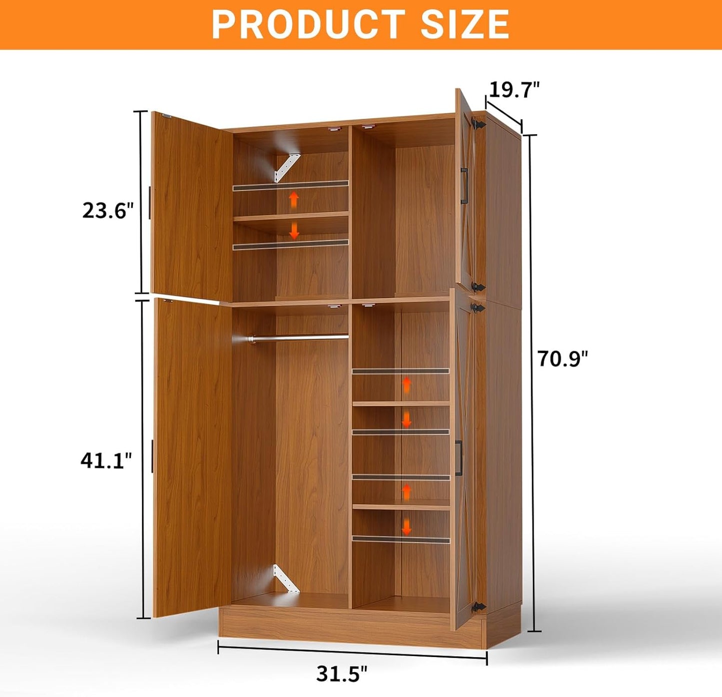 Unikito 71'' Farmhouse Wardrobe Closet with Hanging Rod, 4 Barn Door Storage Cabinet with Adjustable Shelves, Freestanding Closet Wardrobe Cabinet for Bedroom Living Room Office, Highland Oak