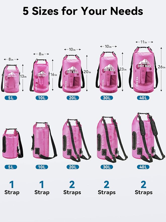 HEETA Dry Bag Waterproof for Women Men, 5L/10L/20L/30L/40L Roll Top Lightweight - Image 2