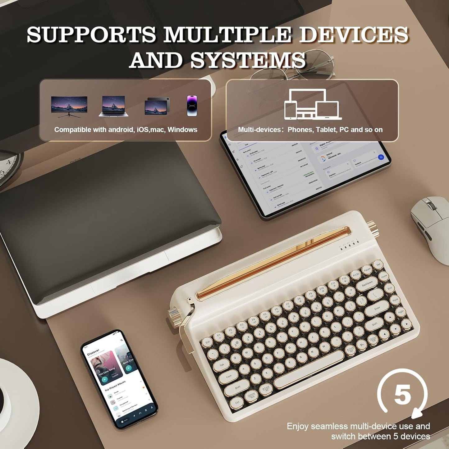 YUNZII QL75 Wireless Typewriter Hot Swap Retro Mechanical Keyboard,Punk Round Keycaps,RGB Backlit QMK/VIA Programmable, Multi-Device Keyboard with 2.4GHz/Type-C/BT5.0 (White, Onyx Switch)
