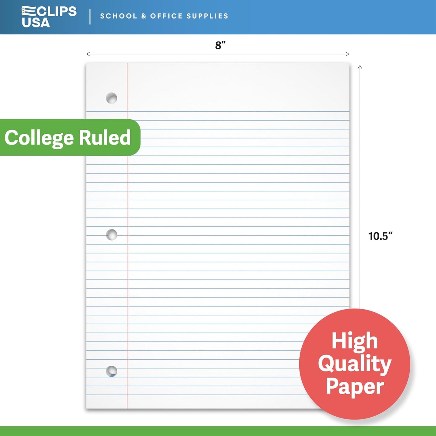 Notebook Paper, College Ruled Loose Leaf Paper (24 Pack), Filler Paper, 10.5” x 8”, Filler Paper, 200 Sheets Per Pack, 60 gsm (24 Pack)