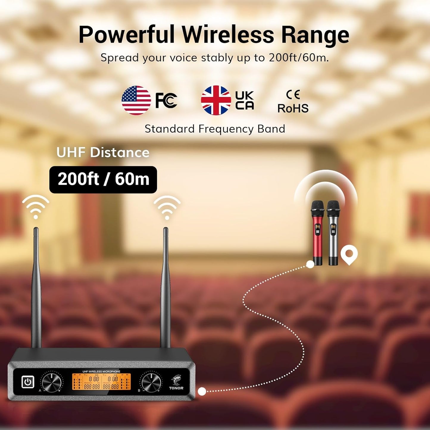 TONOR Wireless Microphones, Metal Dual Professional UHF Cordless Dynamic Mic Handheld Microphone System for Home Karaoke, Meeting, Party, Church, DJ, Wedding, Home KTV Set, 200ft, TW-820 Silver