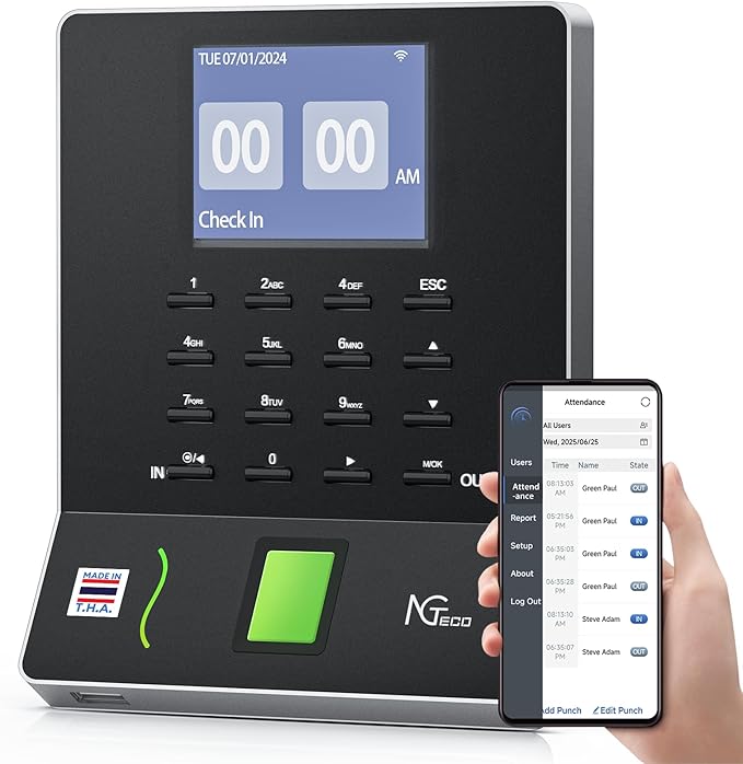 NGTeco APP Time Clock for Small Business, Fingerprint Biometric & PIN Clocking by NGTeco