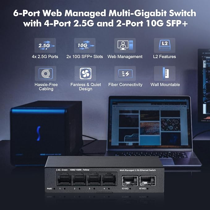 6 Port 2.5G Managed Switch, 4 x 2.5Gbps Base-T Ports and 2 x 10G SFP+ Slot - Image 2
