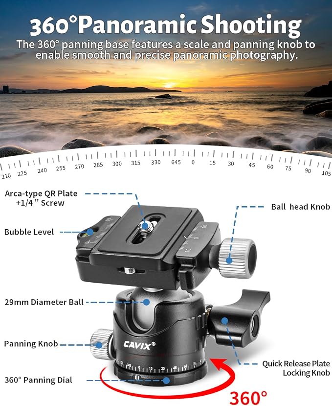 CAVIX Ball Head Mount with 1/4" Screw Arca Type Quick Release Plate 360 Degree - Image 3