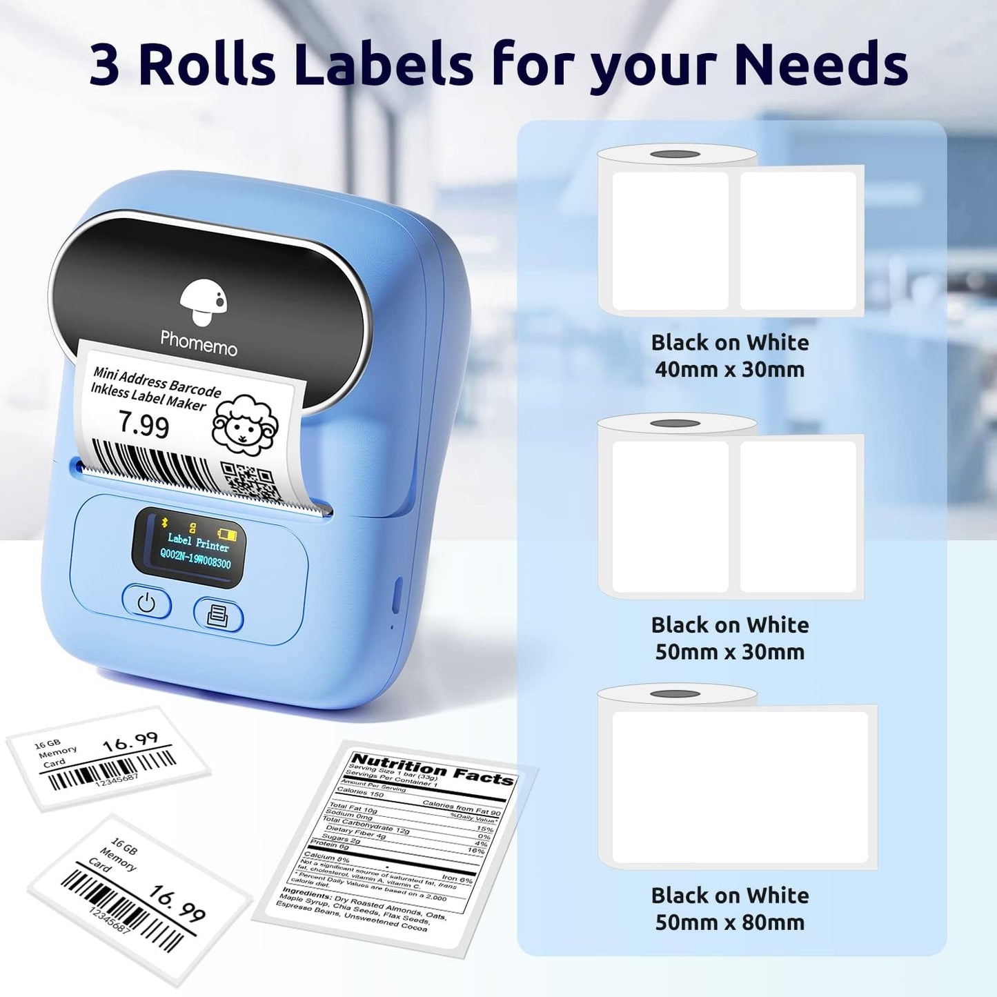 Phomemo Label Maker with 3 Labels- M110 Portable Bluetooth Label Maker Machine for Small Business, Barcode, Address, Logo, Clothing, Jerwery, Compatible with iOS & Android, Blue
