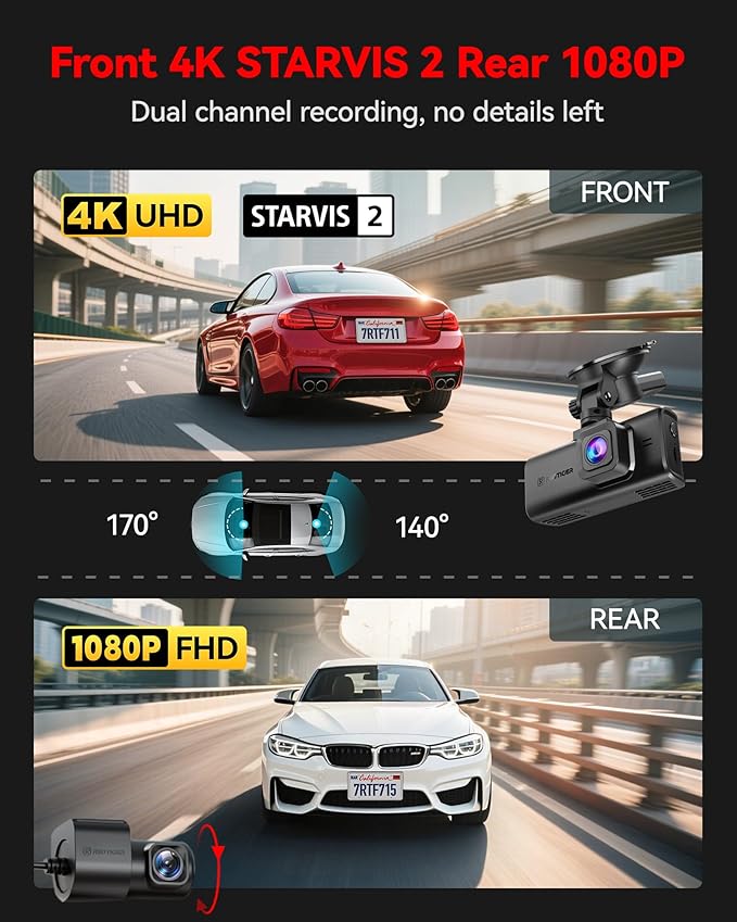 REDTIGER 4K STARVIS 2 Dash Cam Front and Rear, 5GHz WiFi 20MB/s Download - Image 2
