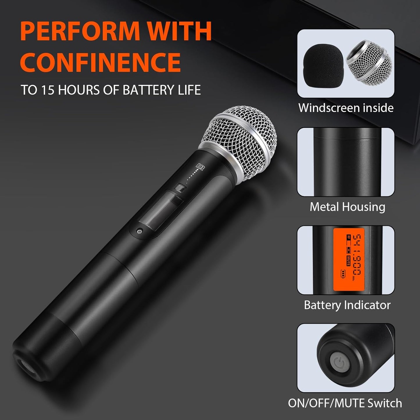 4 Channel Wireless Microphones System, Quad UHF Cordless Mic Set,4 * 40 Groups Metal Handheld Dynamic, Auto Scan, Long Range 200-300Ft,16 Hours Use for Church,Singing Bands (WM500)