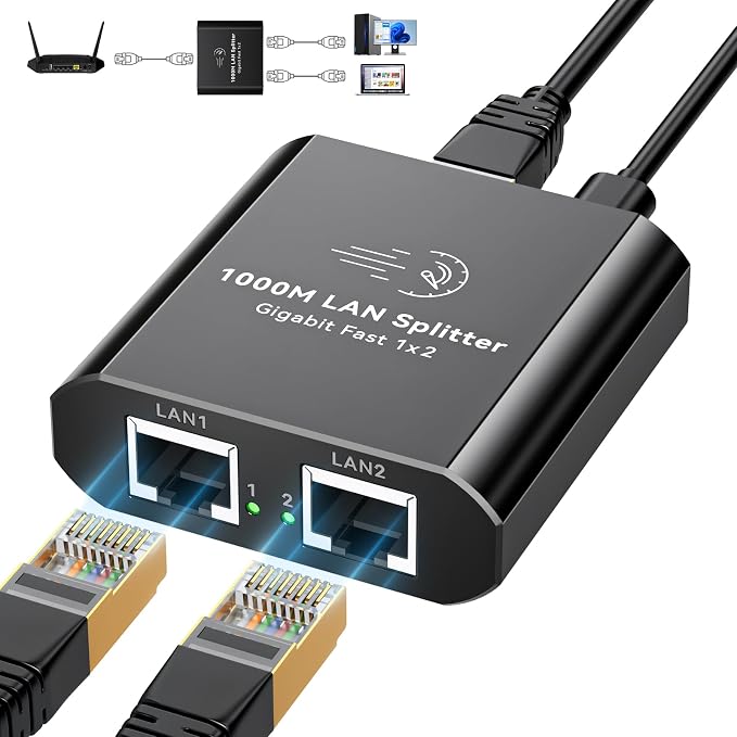 Ethernet Splitter 1 to 2 1000Mbps Internet Cable Splitter 1 in 2 Out High Speed by AILVLVNG