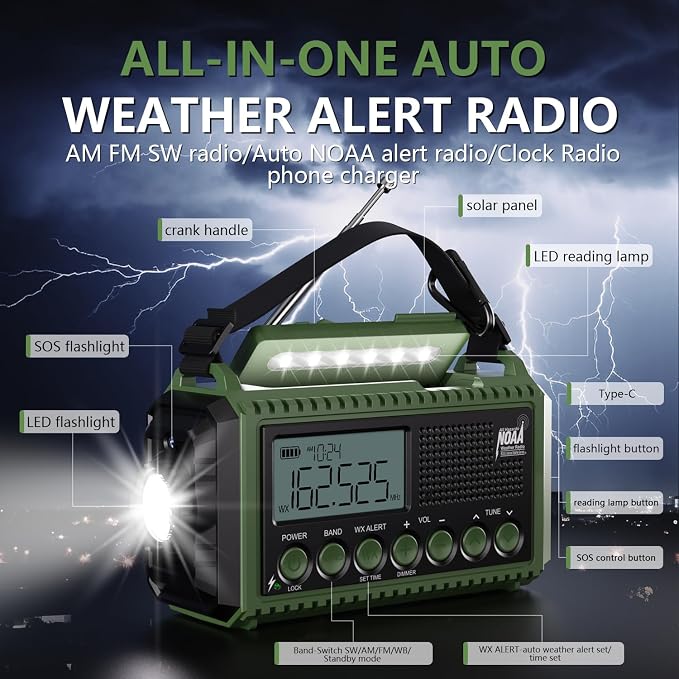 NOAA Emergency Radio with Auto Weather Alerts - 12000mAh Solar Hand Crank - Image 9