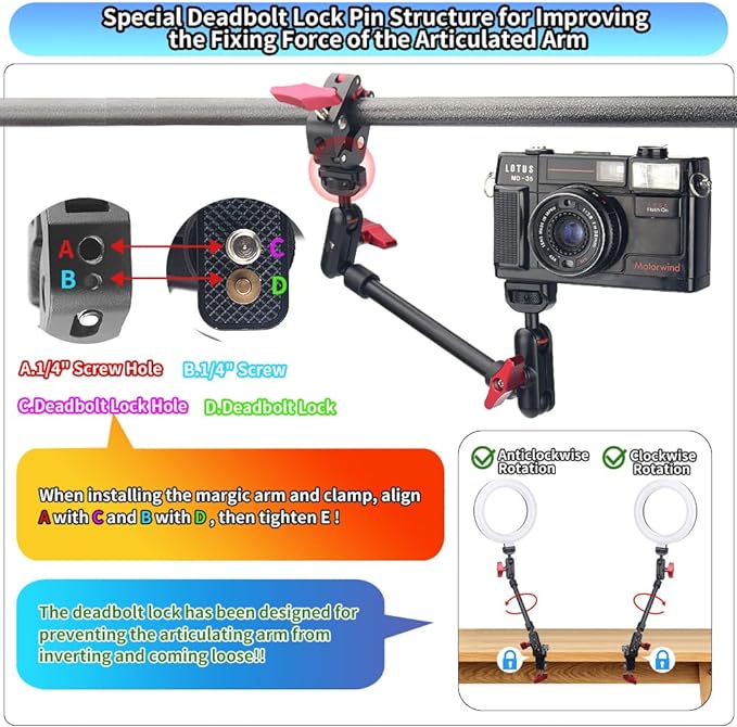 13"/34cm Magic Arm w Clamp, Camera Mount & Clamp w 1/4" 3/8" Threads and - Image 2