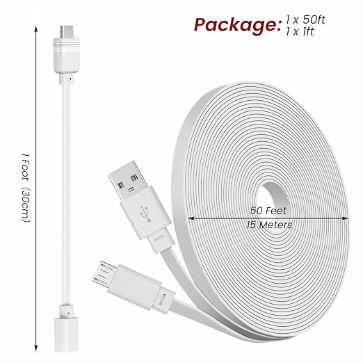 50ft Power Extension Cable Compatible - 15m Long Flat Micro USB Charging Cord - Image 8