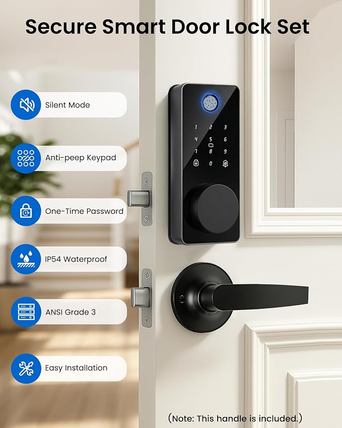 Smart Lock with 2 Lever Handle Set, Fingerprint Keyless Entry Door Lock Front - Image 7