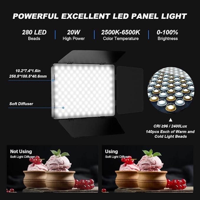 2Pack LED Video Light Kit with Barn Door, 12.6" Panel Bi-Color 280 LED Beads - Image 2