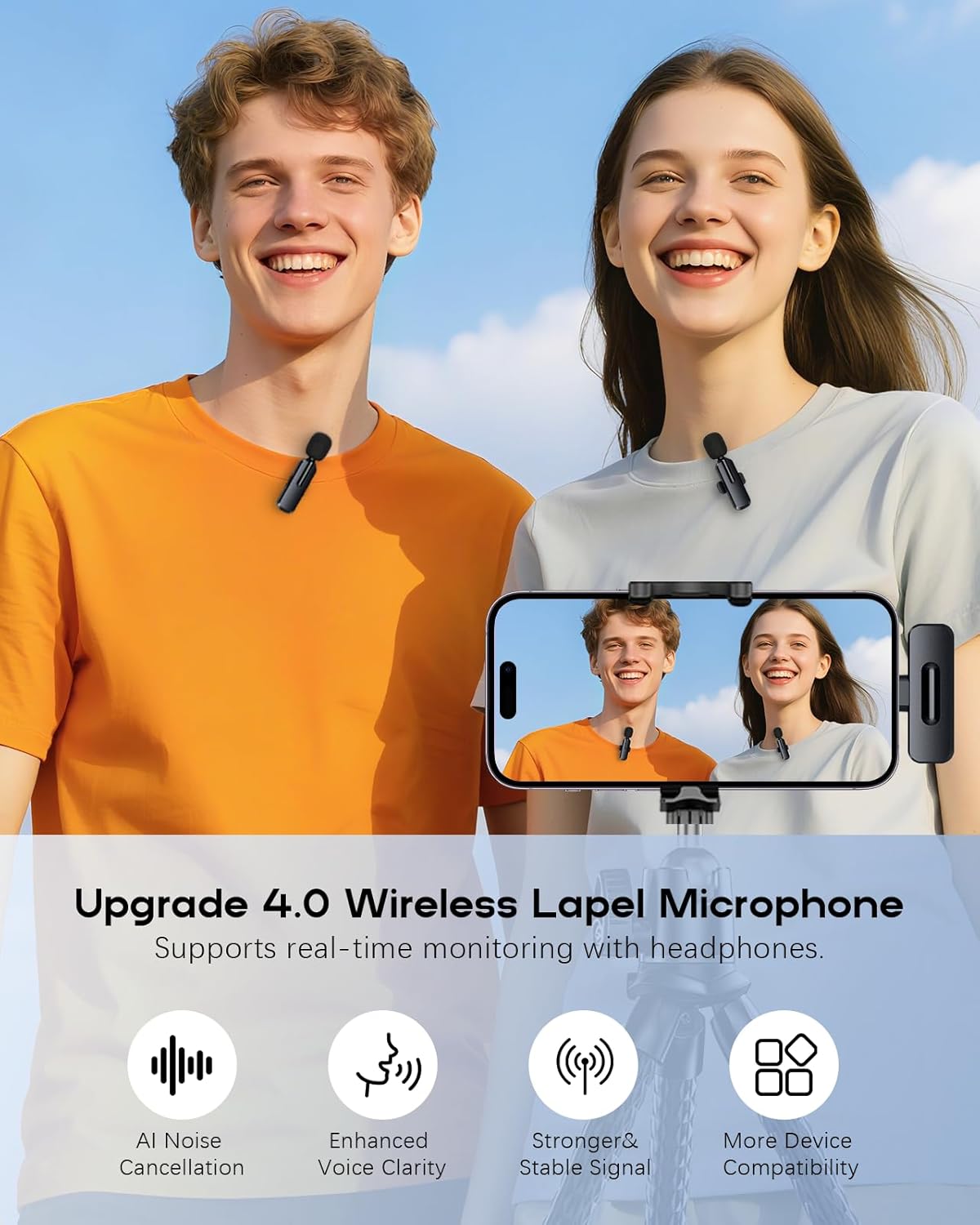 Wireless Mini Microphone for iPhone - Lavalier Bluetooth Microphone for Video Recording, 2 Pack Noise Reduction Clip-on Mini Lapel Mic for Tiktok YouTube Vlog Lives Podcast(iPhone 14 & Below)