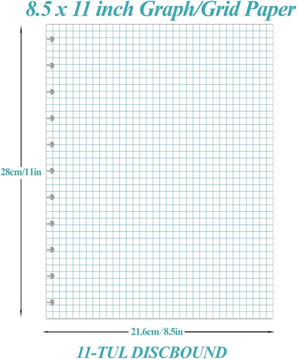 A4 TUL Discbound Grid Filler Paper - 11 Disc Graph Paper, Letter Size 100Sheets / 200Pages Loose-Leaf Paper, 100gsm White Paper, 8.5'' x 11''